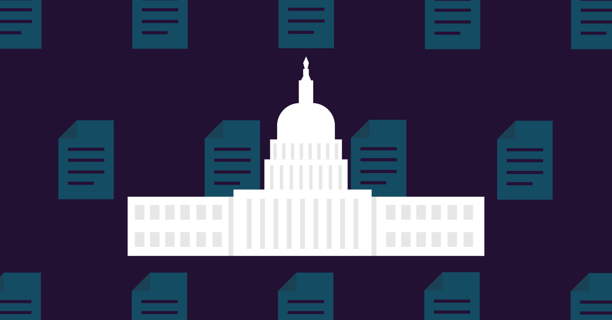 Illustrated header graphic for pay-transparency reporting: a stylized white government building centered on a deep navy background, surrounded by a repeating pattern of teal document icons representing regulatory filings.